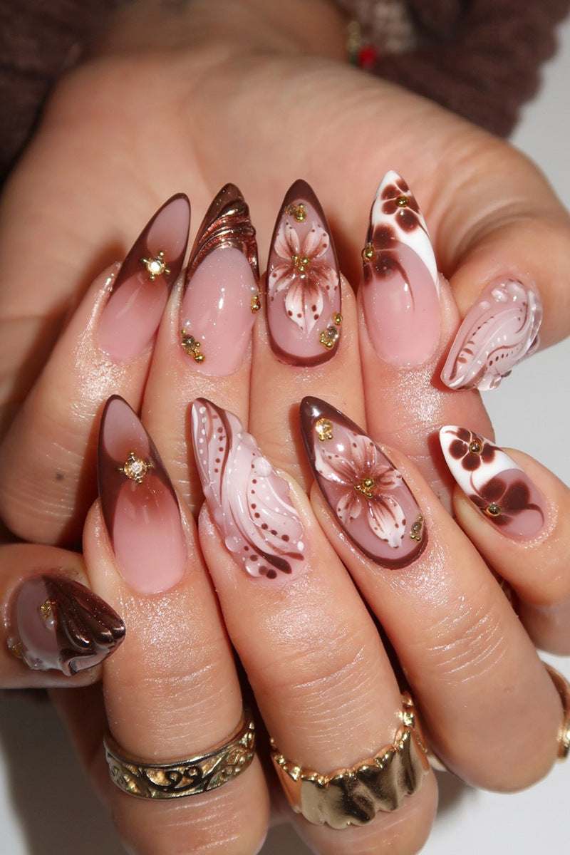 Artistic Press-On Nail Art Set with Floral and Gemstone Accents Kalsten