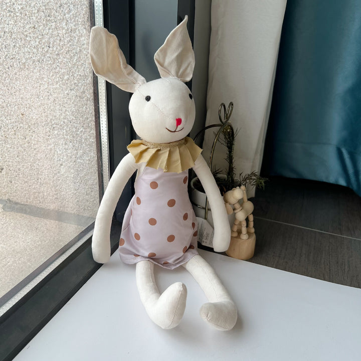 Handmade Linen Bunny Doll with Checked Cotton Dress