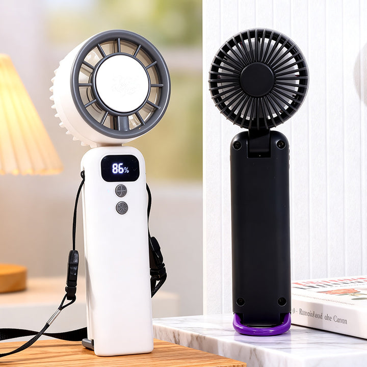 Cooling compact rechargeable handheld mini fan with digital speed indicator detachable lanyard foldable head Kalsten