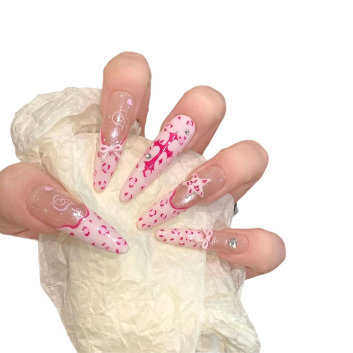 Artistic Stiletto Press-On Nail Set with Heart and Bow Design Kalsten