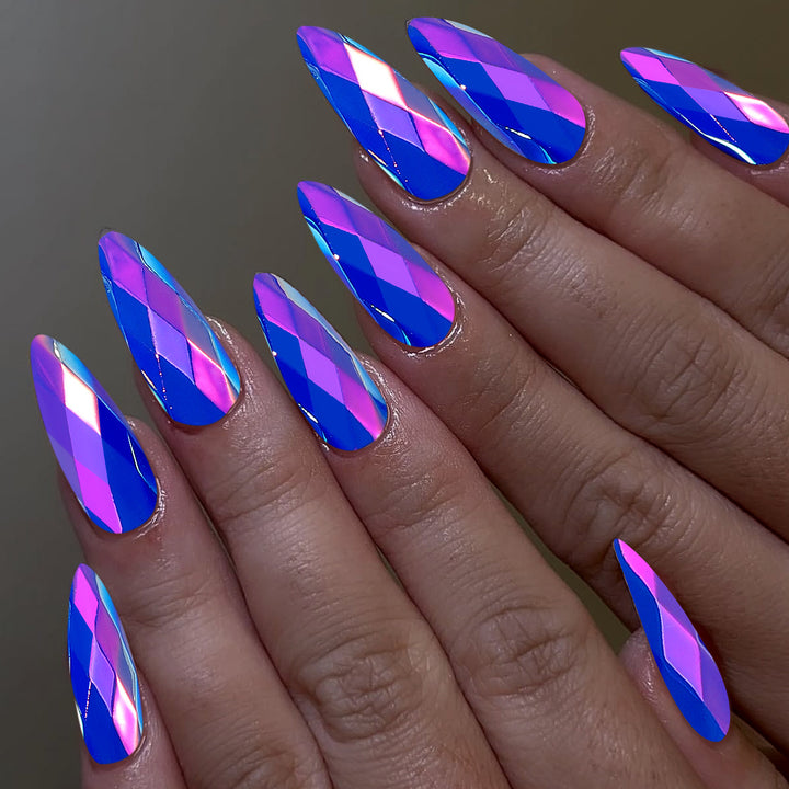 Chic stiletto acrylic nail extensions with holographic diamond design Kalsten