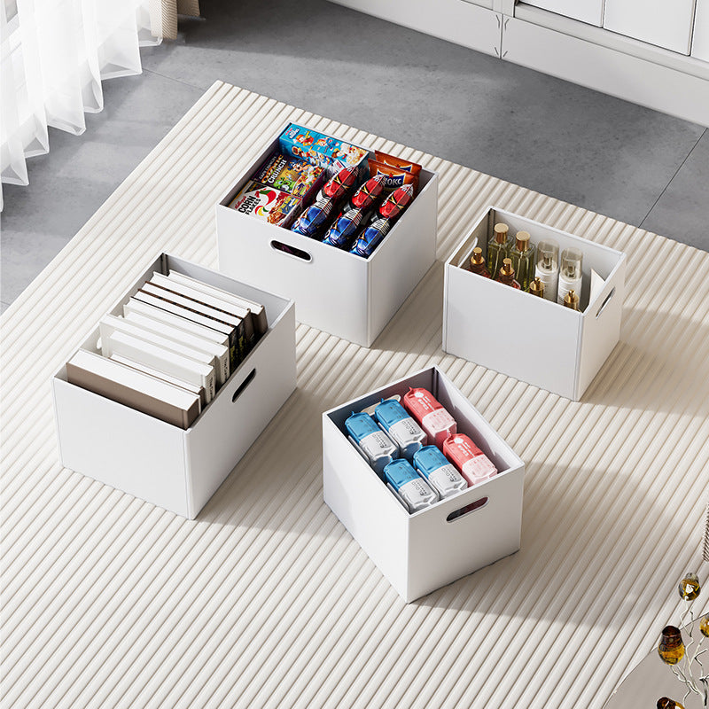 Robust square storage box with removable lid and integrated handle openings