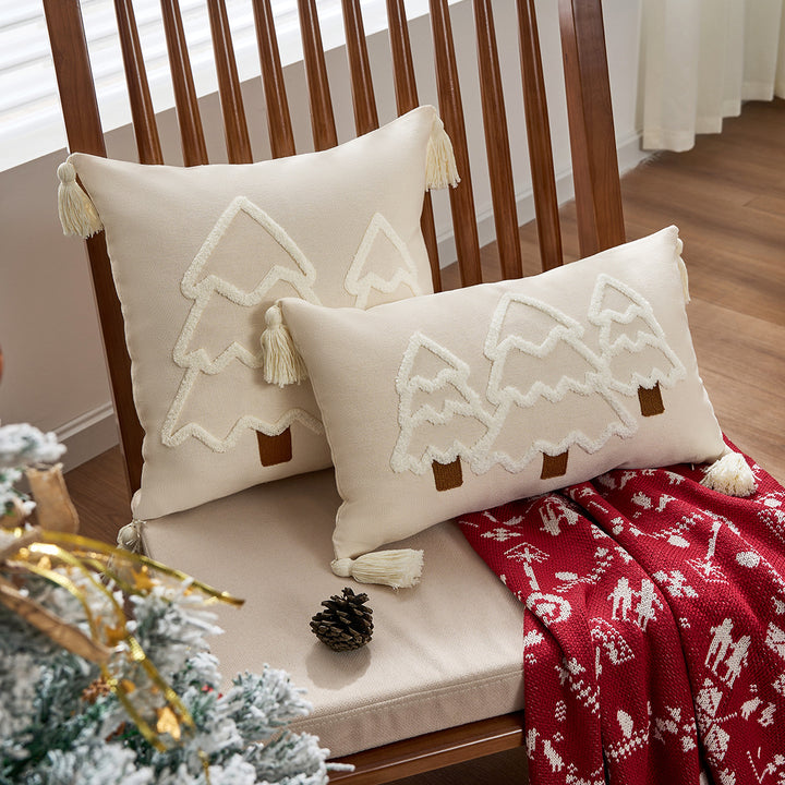 Embroidered Winter Tree Tassel Lumbar Throw Pillow