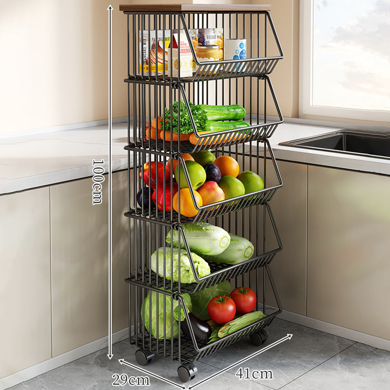Countertop Wooden Top Metal Wire Fruit and Vegetable Storage Rack