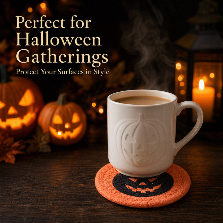 Round felt and cotton coasters with embroidered Halloween haunted house motif