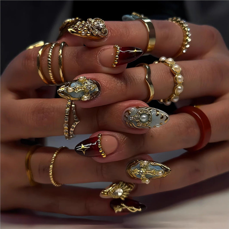 Artistic Decorative Press-On Nail Set with Gemstone and Pearl Accents Kalsten