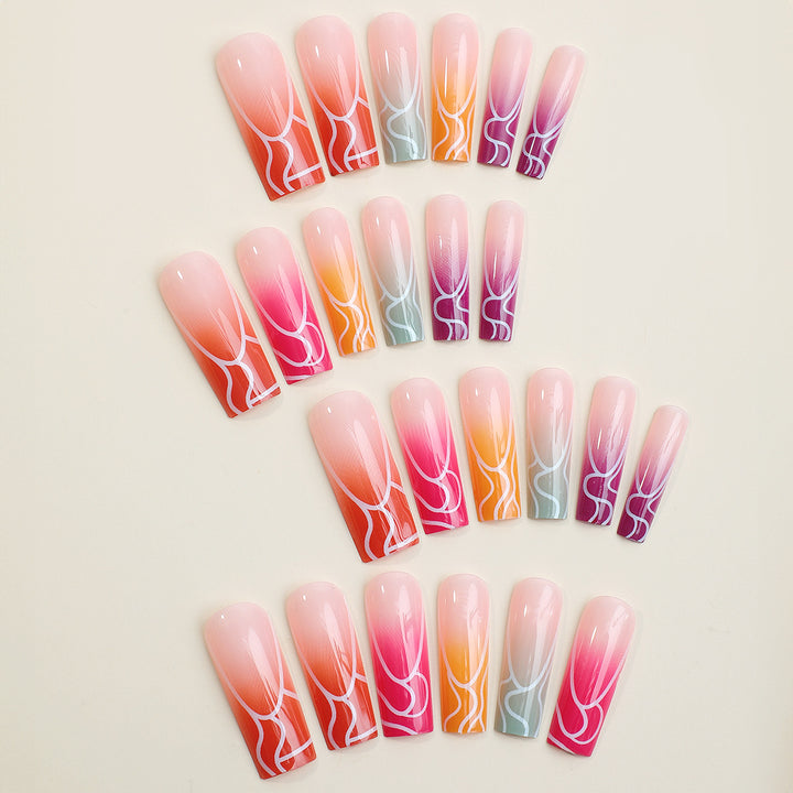 Artistic Press-On Nail Set with Gradient Swirl Designs kalsten
