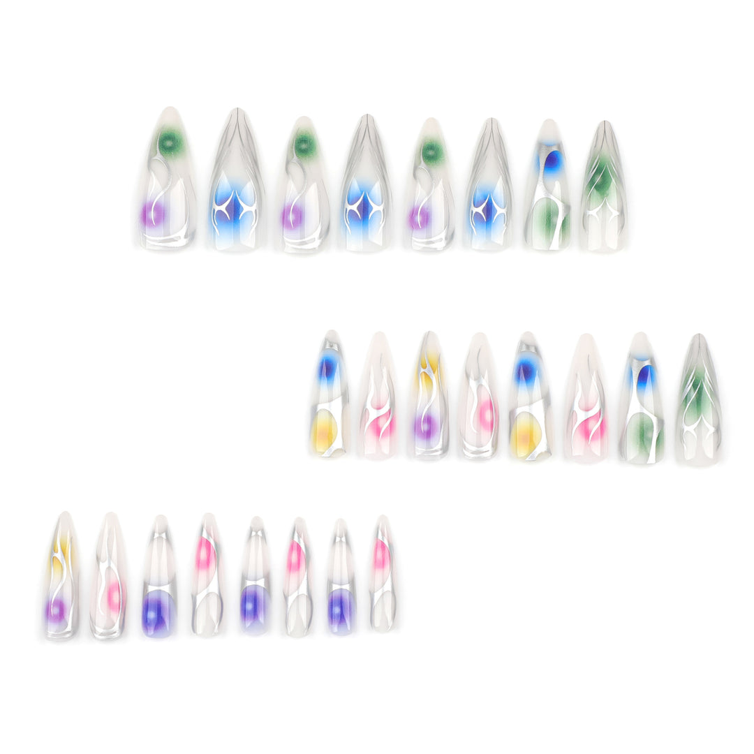 Artful stiletto nails with transparent design and colorful accents Kalsten