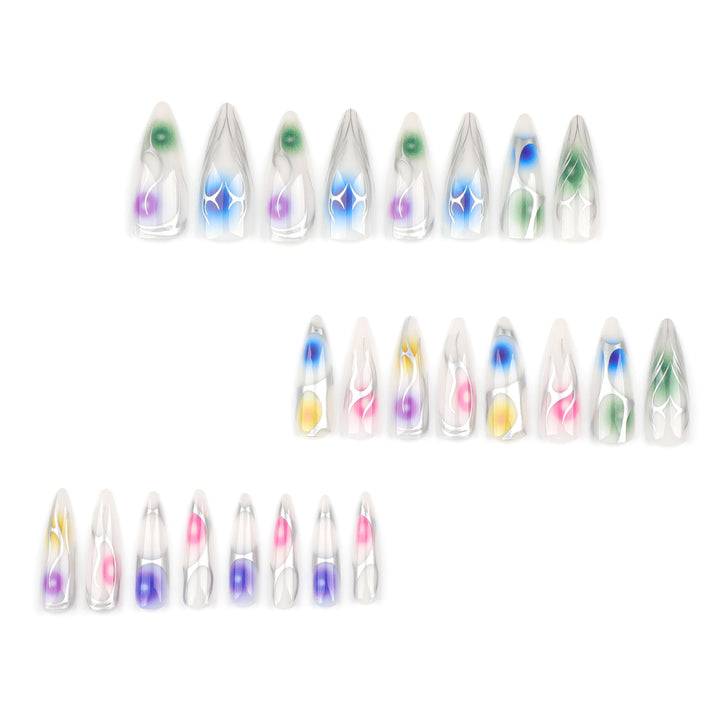 Artful stiletto nails with transparent design and colorful accents Kalsten