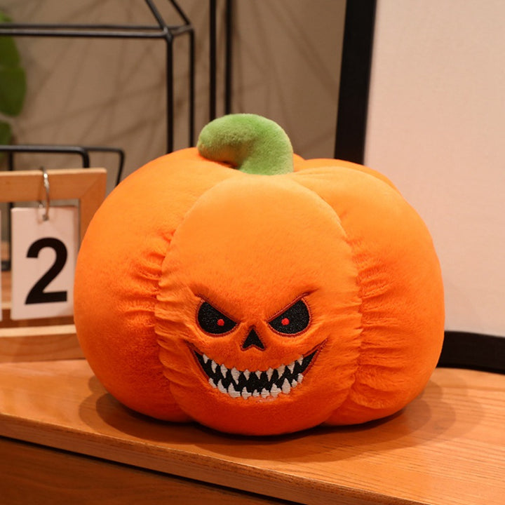 Plush pumpkin decoration figure with witch hat and embroidered spooky face