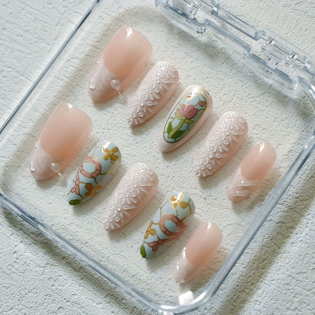 Artistic Floral and Gemstone Press-On Nail Set Kalsten