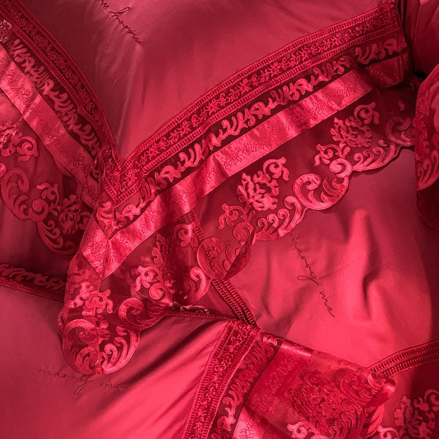 Luxury ruffled bedding set made of cotton satin with fine jacquard texture and concealed closure