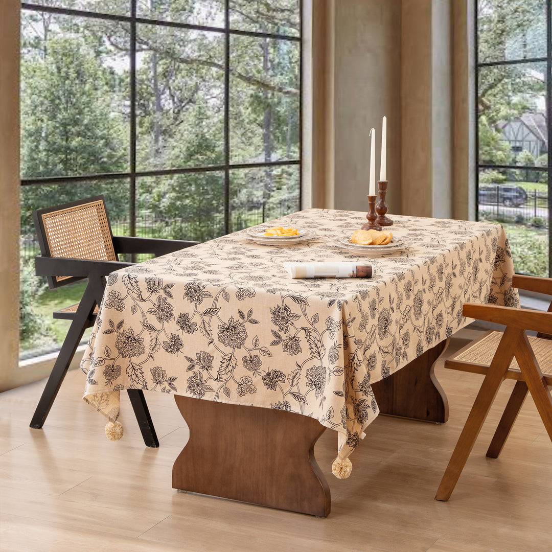 Rectangular tablecloth in linen look with pompom tassels Kalsten