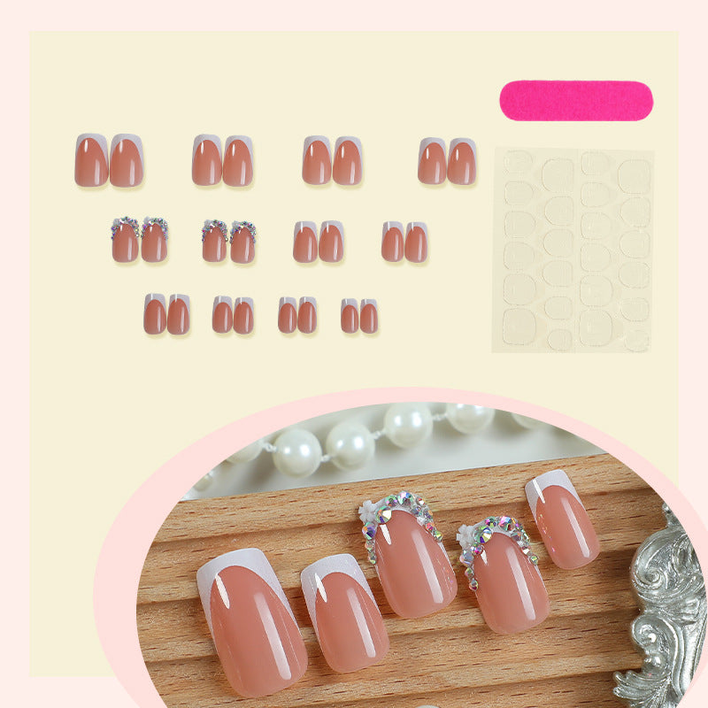 Decorative French Tip Press-On Nail Set with Rhinestone Accents kalsten