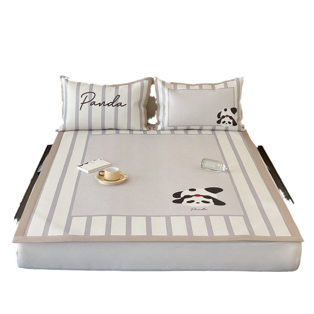 Fitted sheet with non-slip edging, cute panda print & striped border