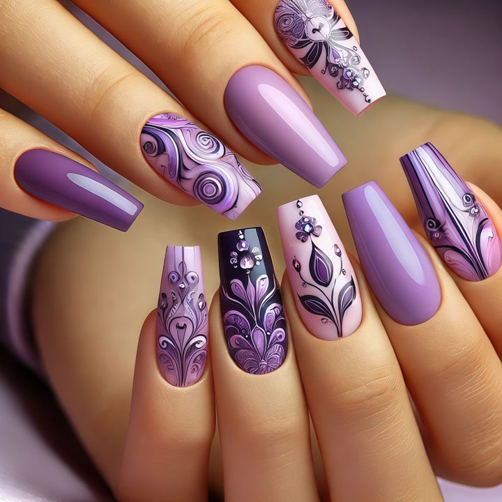 Artificial nails with intricate purple pattern Kalsten