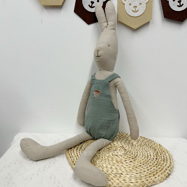 Handmade Linen Long-Limbed Bunny Doll with Embroidered Carrot Overalls
