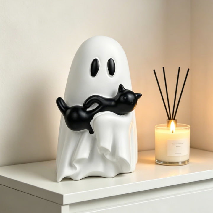 Sculptural decorative figure ghost with cat relief for shelf and sideboard