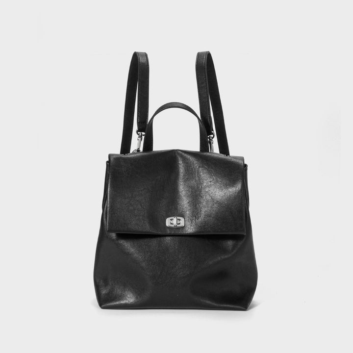 Convertible Leather Flap Backpack Handbag with Top Handle and Turn-Lock Closure
