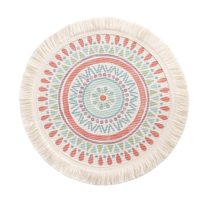 Round flat-woven cotton rug with mandala design and decorative fringes Kalsten