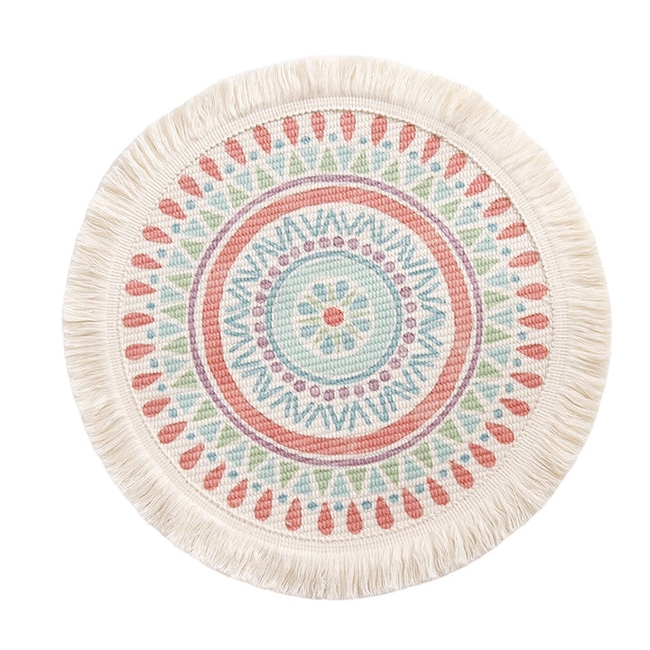 Round flat-woven cotton rug with mandala design and decorative fringes Kalsten