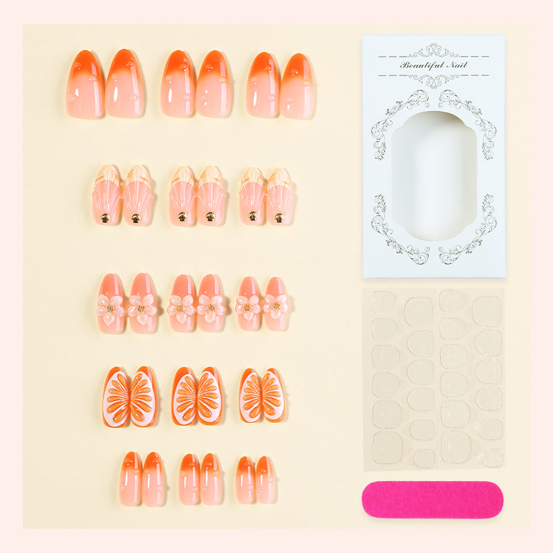 Decorative Press-On Nail Set with Floral and Citrus Accents kalsten
