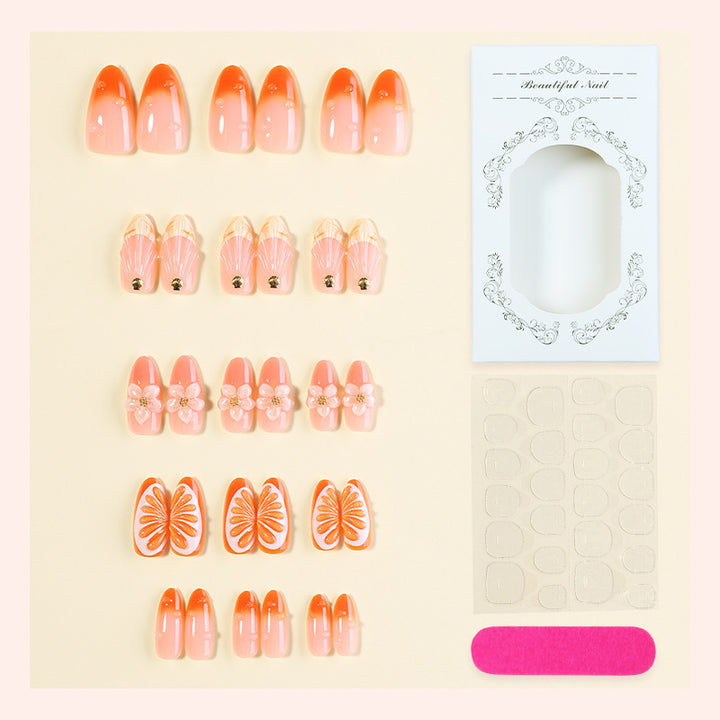 Decorative Press-On Nail Set with Floral and Citrus Accents kalsten
