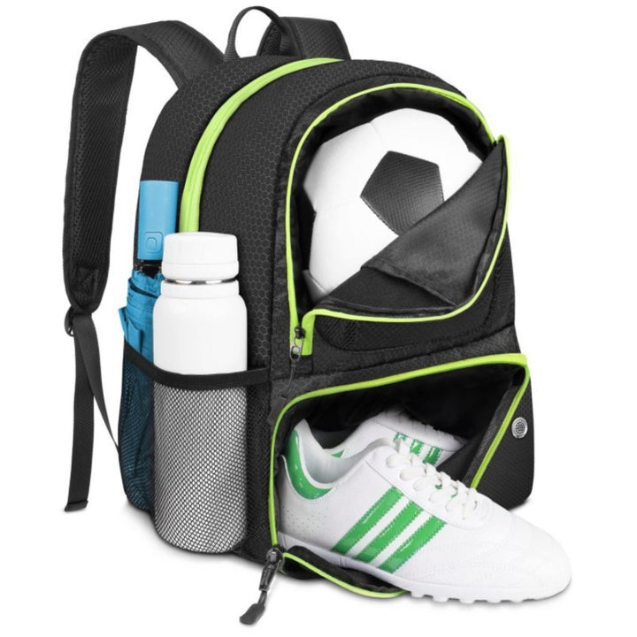 Sporty backpack with compartments for soccer, water bottle, and shoes Kalsten