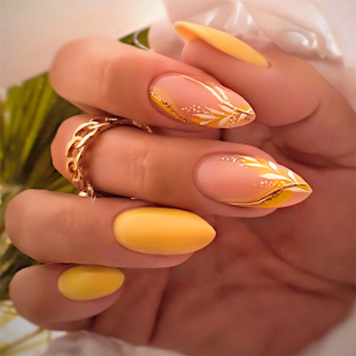 Premium Artistic Press-On Nail Set with Floral and Metallic Accents Kalsten