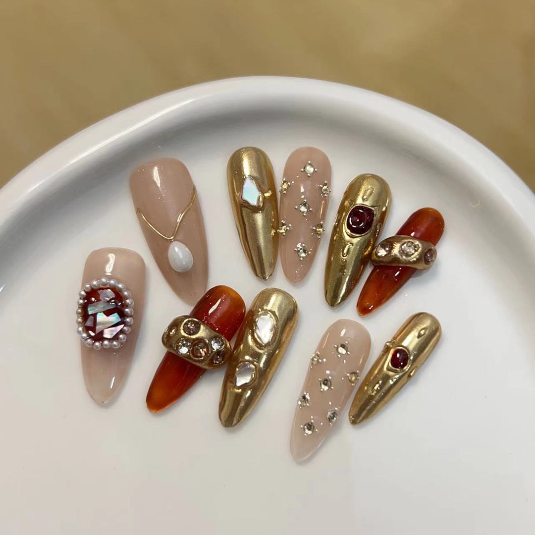Artistic Press-On Nail Set with Luxury Gemstone Accents Kalsten