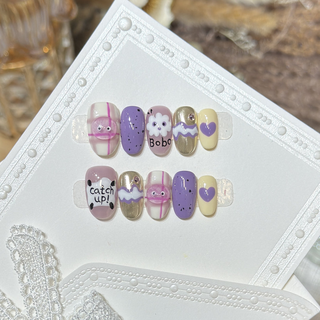 Playful Cartoon-Themed Press-On Nail Art Set Kalsten