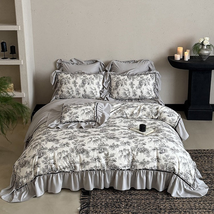 Bedding set in Toile-de-Jouy style with gathered ruffle and decorative trim