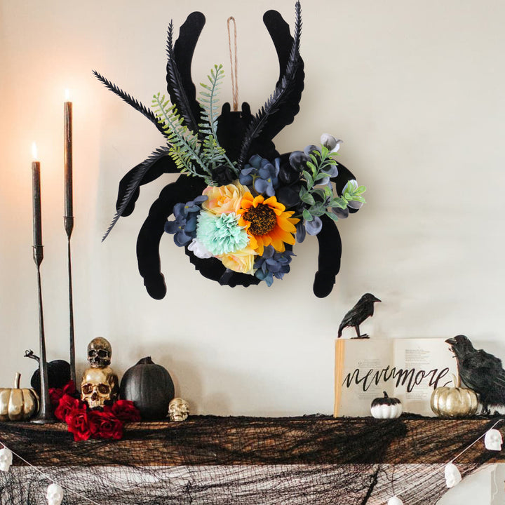 Hanging Halloween Spider Wall Decoration made of Wood with Artificial Flowers