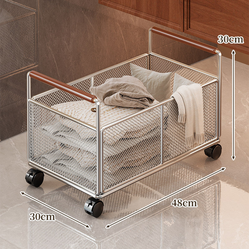 Rectangular Mesh Pull-Out Cabinet Storage Basket with Wooden Handles