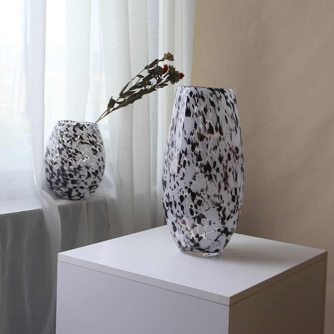 Handblown Speckled Art Glass Vase Pair with Sculptural Tall-and-Short Silhouettes Kalsten