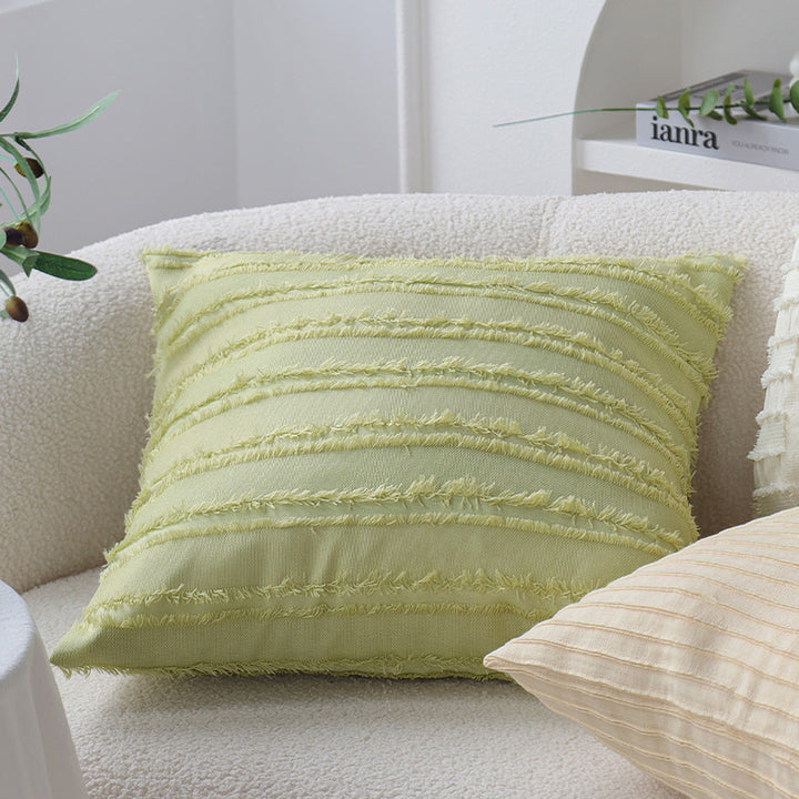 Square decorative pillow cover made of cotton blend with relief rectangular tufts and fringed edge Kalsten