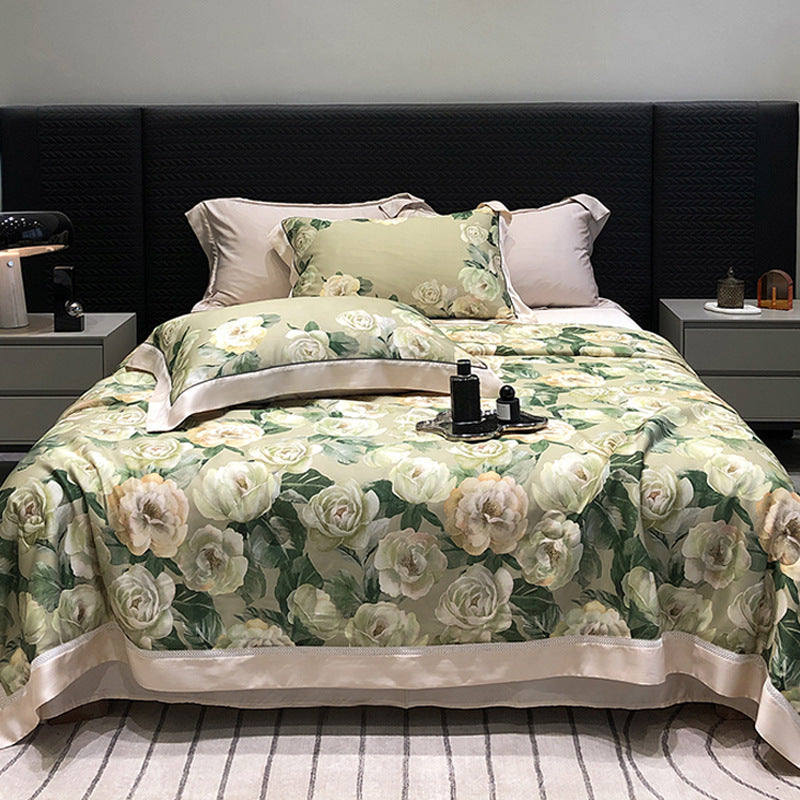 Luxurious cotton satin bedding set with floral watercolor print and fine satin trim