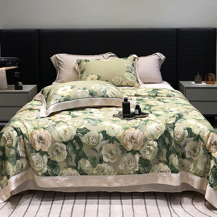 Luxurious cotton satin bedding set with floral watercolor print and fine satin trim