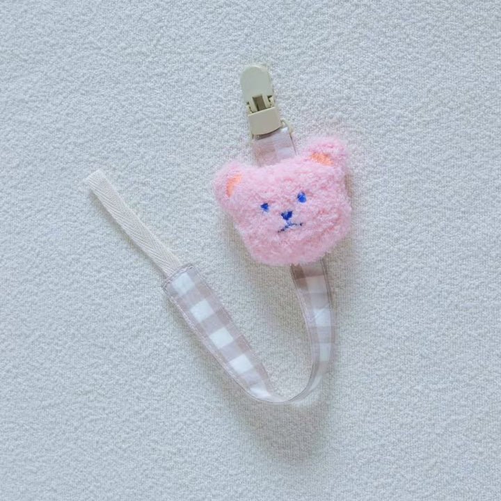Gingham Cotton Pacifier and Teether Clip with Embroidered Bear Applique