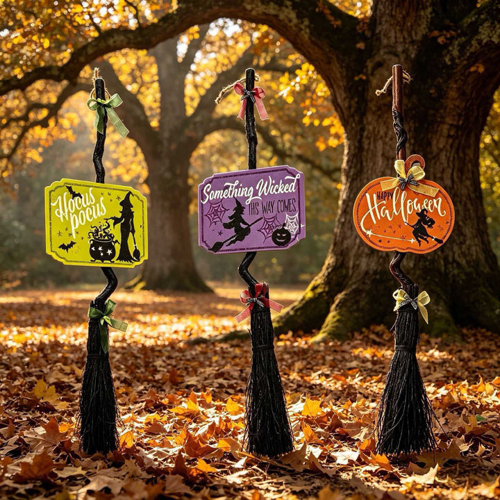 Hanging Halloween Decor Broomstick Pendant with Twisted Handle and 'Hocus Pocus' Sign