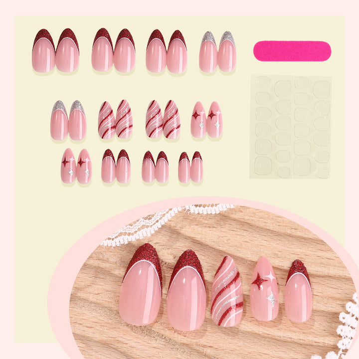 Decorative Press-On Nail Set with Glitter and Striped Design kalsten