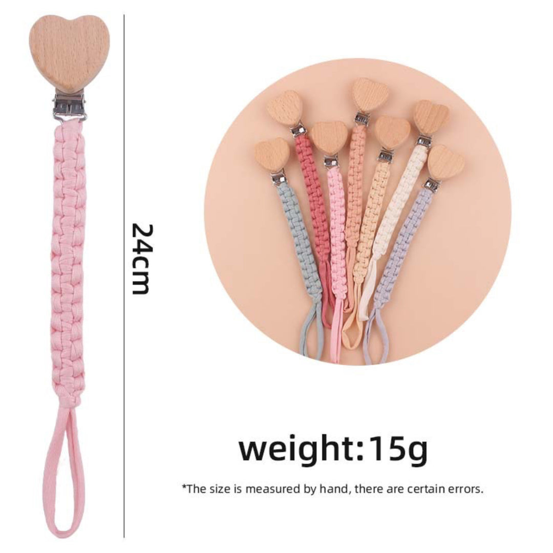 Braided Fabric Pacifier Clip with Wooden Heart Safety Clamp
