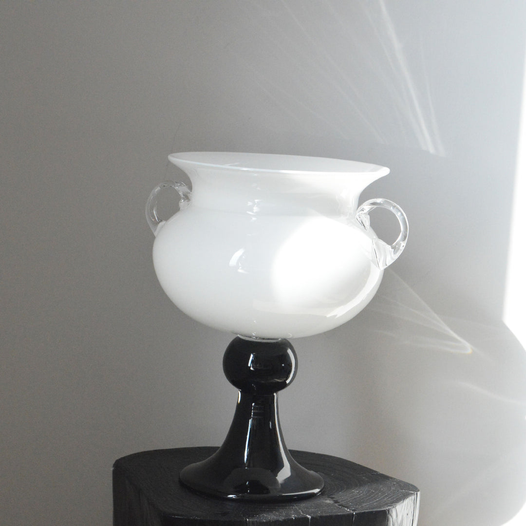 Handblown Footed Pedestal Glass Urn Vase with Applied Loop Handles Kalsten