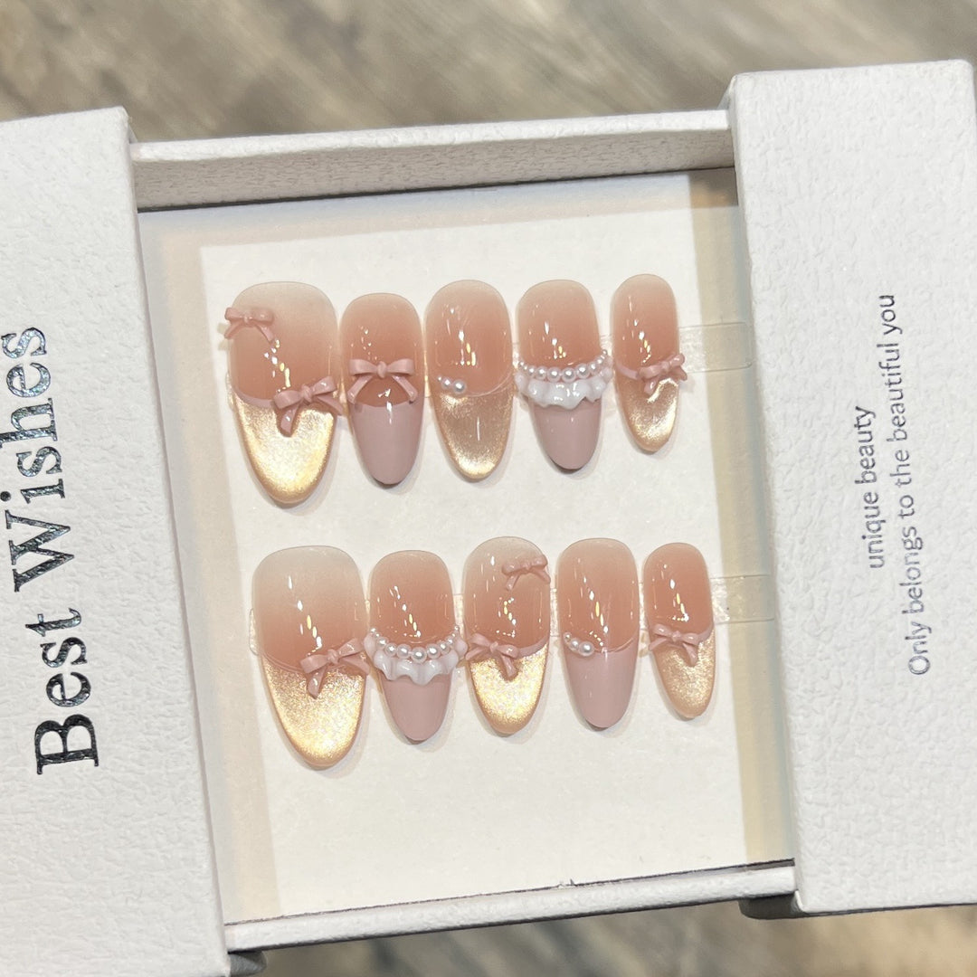Elegant Press-On Nail Art Set with Pearl and Bow Accents Kalsten