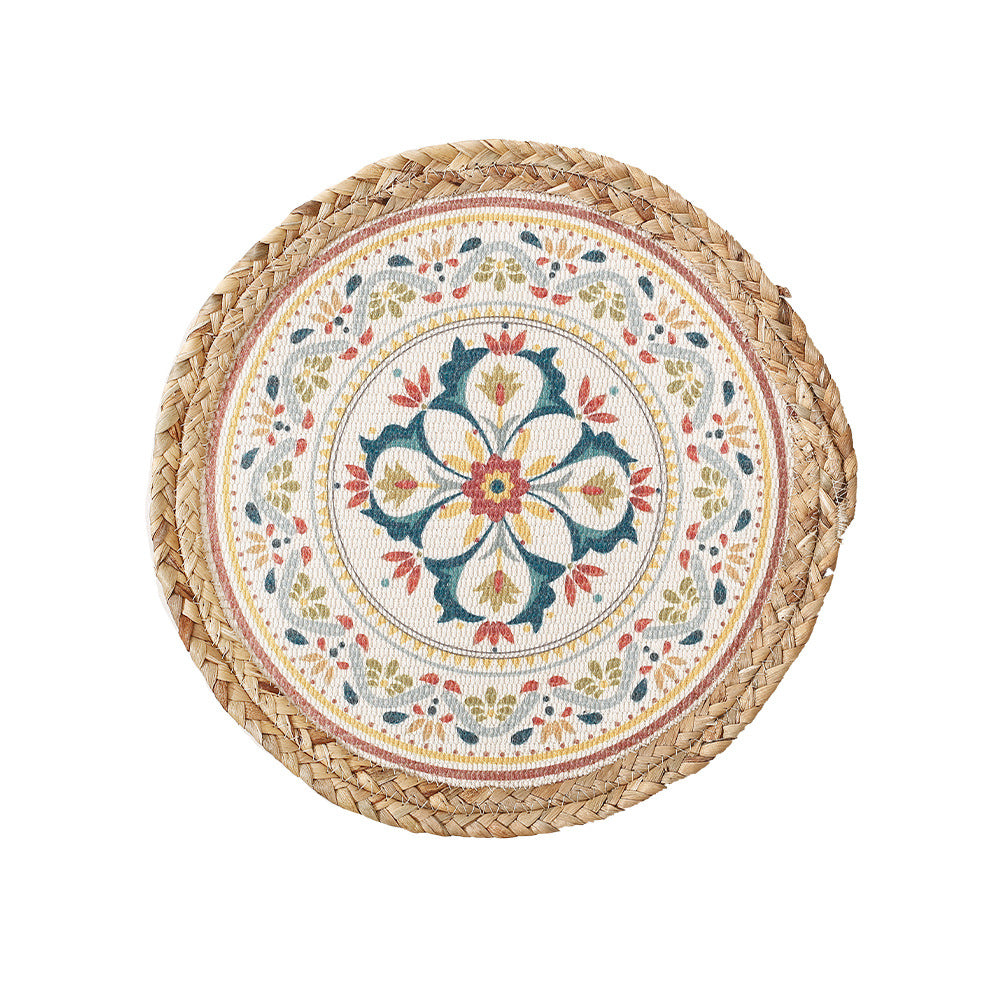 Round woven table mat made of jute with mandala cotton overlay Kalsten
