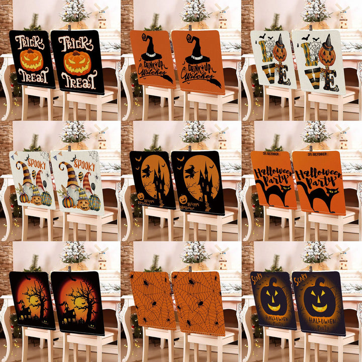 festive Halloween chair covers made of stretchable polyester with witch hat and lettering design