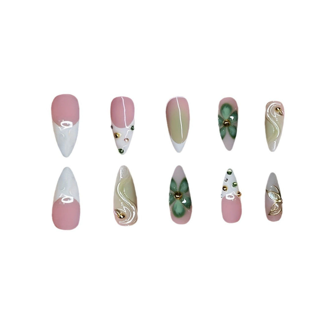 Artistic Press-On Nail Design with Floral Elements Kalsten