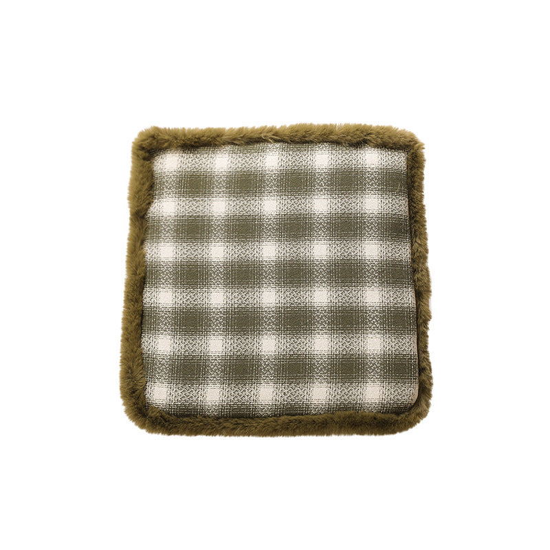 Padded checked chair cushion with faux fur border Kalsten