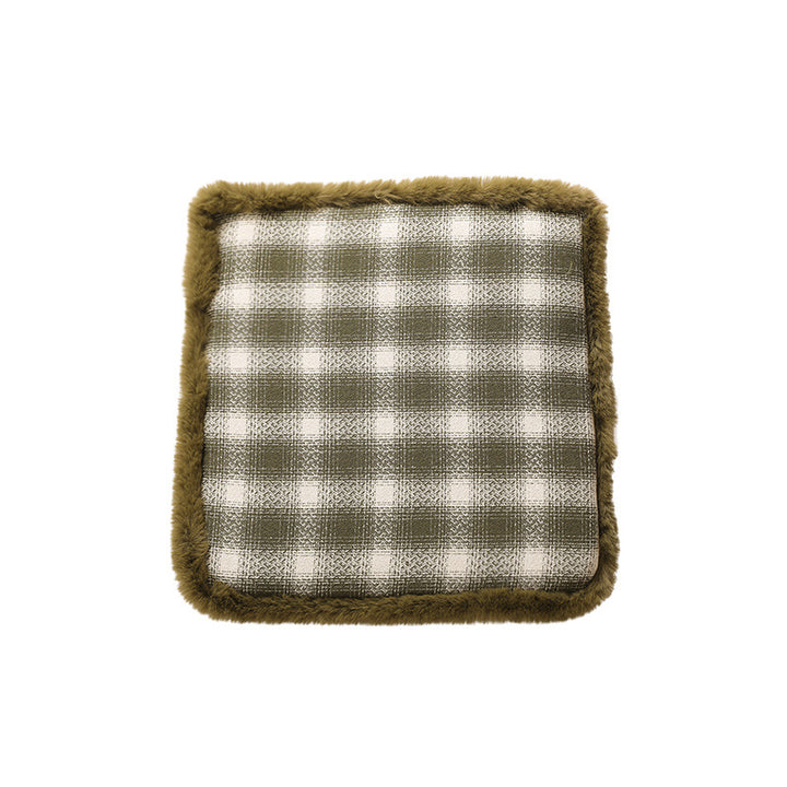 Padded checked chair cushion with faux fur border Kalsten