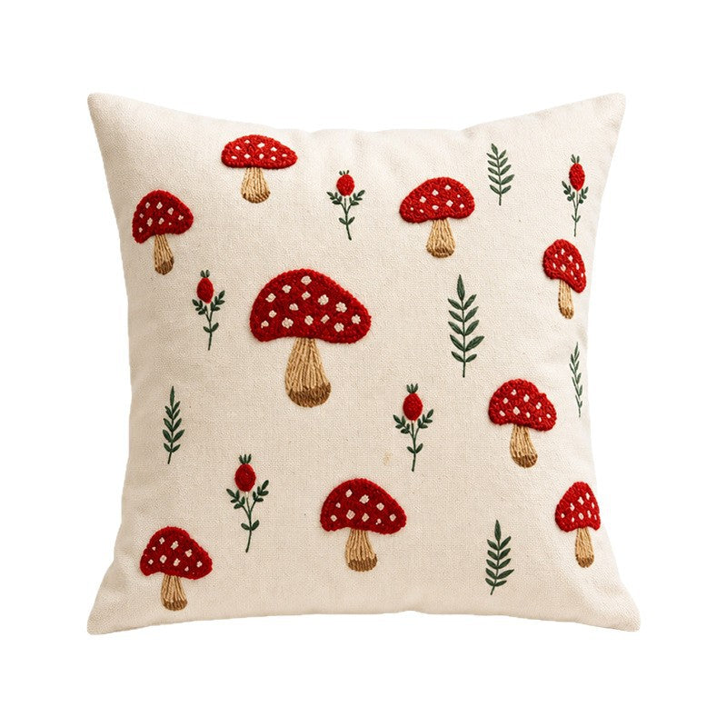 Embroidered Mushroom Linen Lumbar Throw Pillow Cover